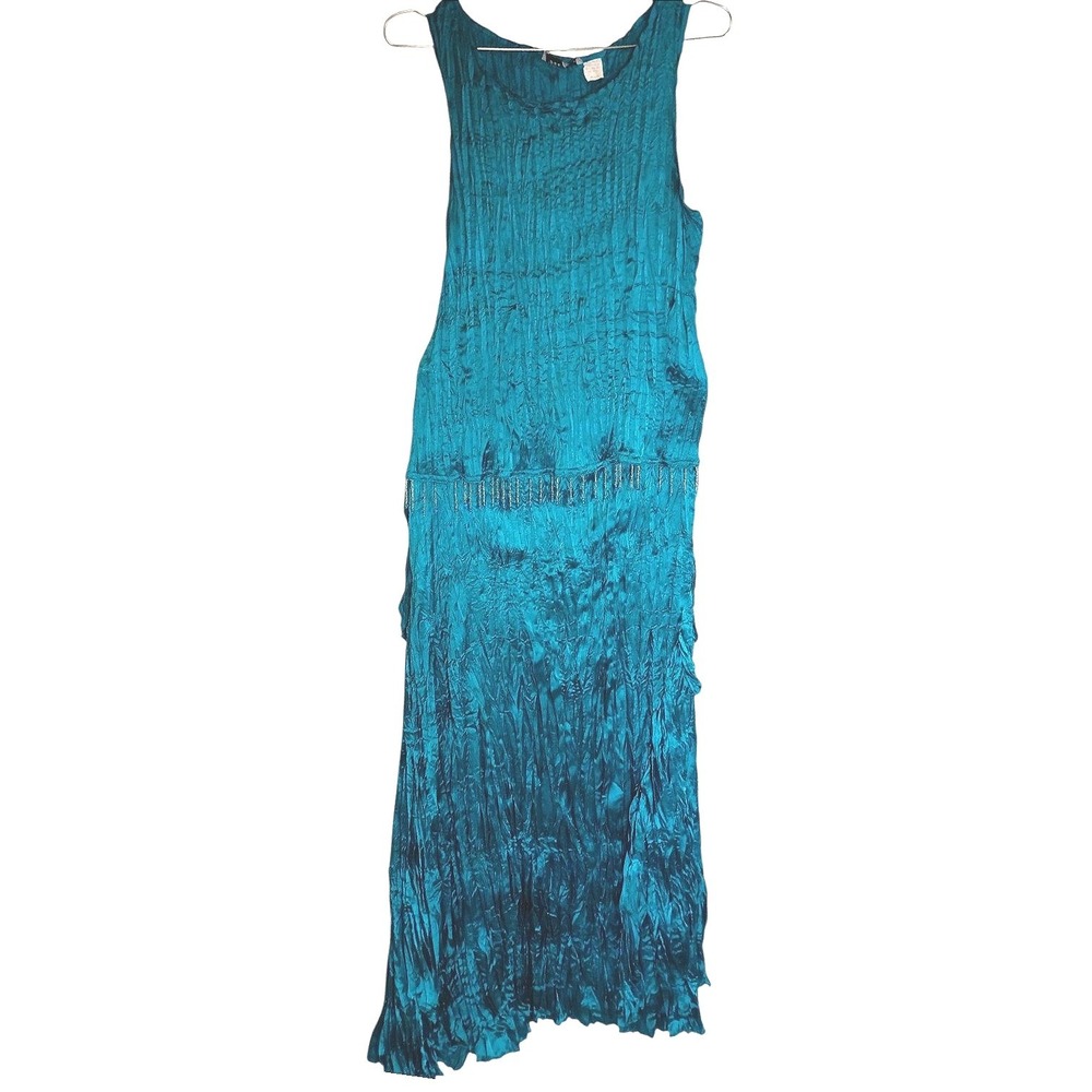 Vintage Teal Blue Crinkle Pleated Two Piece Beaded Fringe Skirt Set Womens L